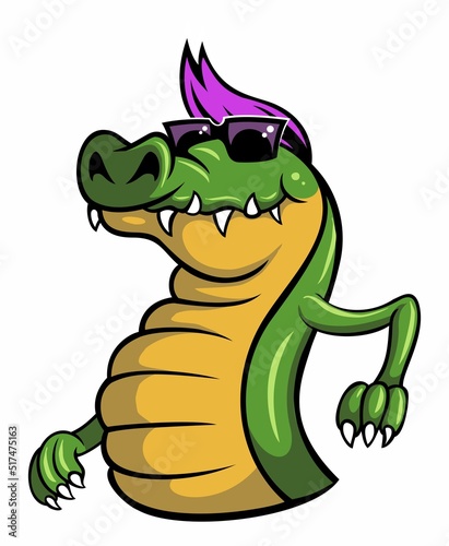 Cartoon style crocodile character, alligator with the purple haircut and sunglasses. Isolated on white background.