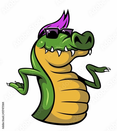 Obraz na płótnie Cartoon style crocodile character, alligator with the purple haircut and sunglasses