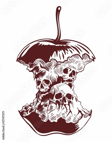 Apple core, stub vector image with the human sculls. Isolated on white background.