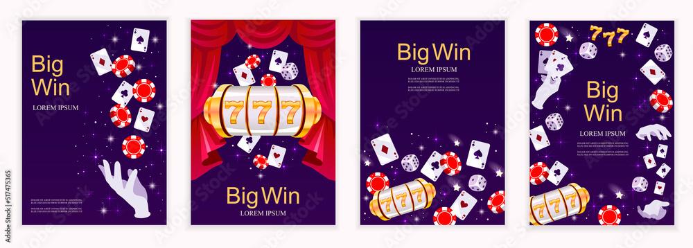 Set of templates for banners, posters, covers, flyers, brochures. Online casino. Landing page design, advertising. Cards, chips, jackpot. Big win. Poker, dice. Vector realistic illustration. EPS 10