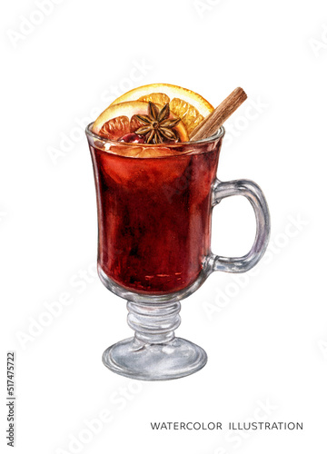 Mulled wine drink glass hand drawn watercolor illustration isolated on white background