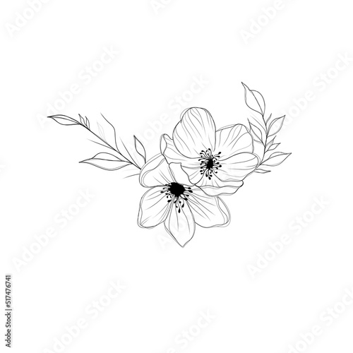 Beautiful sketch of a tattoo - a delicate twig with flowers . Flowers Periwinkle. Hand drawing. Outline. On a white background
