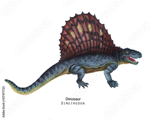Blue Dimetrodon illustration. Sail-backed Dinosaur, brown crest on back. photo