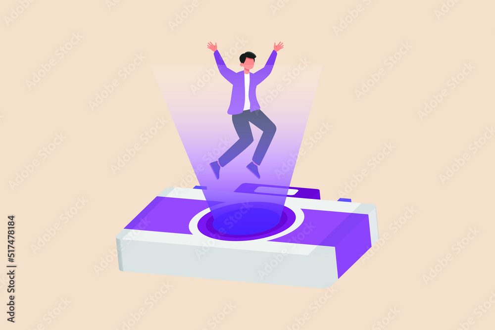Happy boy jumping on camera. World photography day concept. Flat vector illustration isolated.