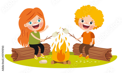 Cartoon Kids Camping At Nature