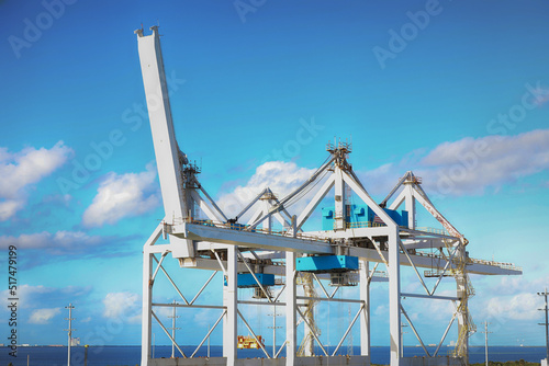 The port canaveral with big containerships and cranes, in the back the skyline. photo