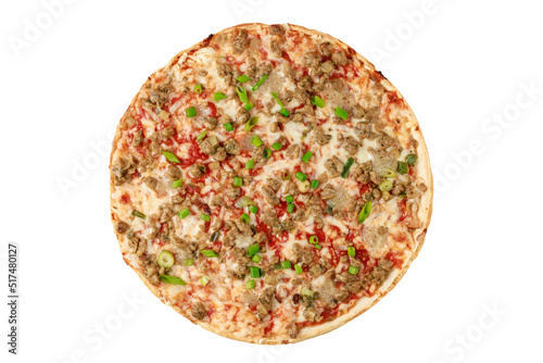 Fresh baked thin tuna fish pizza with tomato sauce, cheese and green onion isolated on white background.