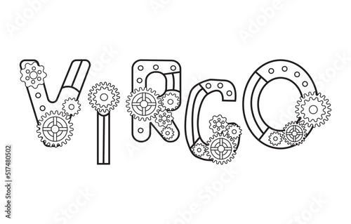 Zodiac sign  virgo written in decorative font in steampunk style.  The  maiden inscription is in the form of letters decorated with gears. The original decor for the horoscope.