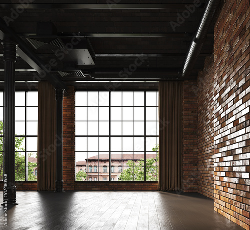 Empty room without decoration. Brown brick-lined walls and light brown parquet flooring. Entry of natural light through windows. Industrial style ceiling details Columns in the middle of the room