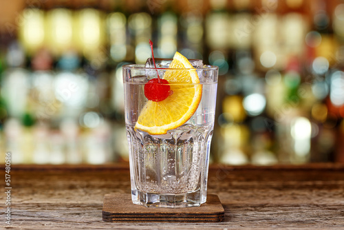 Refreshing cocktail tom collins on the bar counter