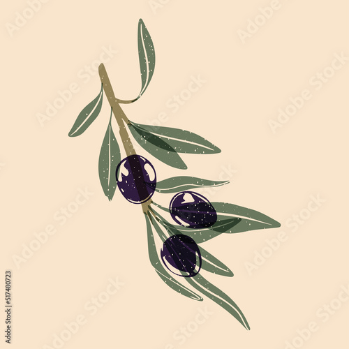 Olive tree branch with olives. Vector illustration with Riso print effect