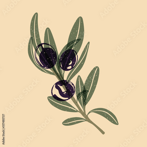 Olive tree branch with olives. Vector illustration with Riso print effect