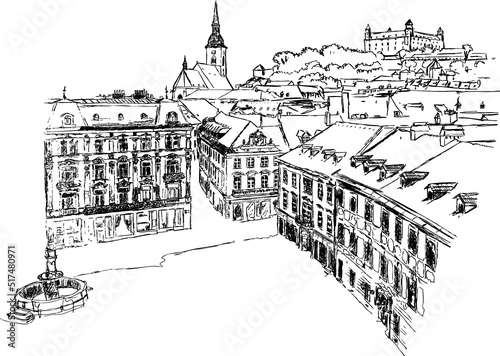 Artwork of Bratislava, Slovakia. View of the Bratislava castle, main square and the St. Martin's Cathedral.