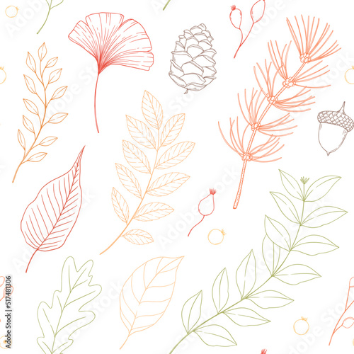 Hand drawn Autumn seamless pattern. Vector botanical background with forest branches and fall leaves, pine cone, acorn. Floral design. Perfect for wrapping paper, fabric, textile, posters © Kate Macate