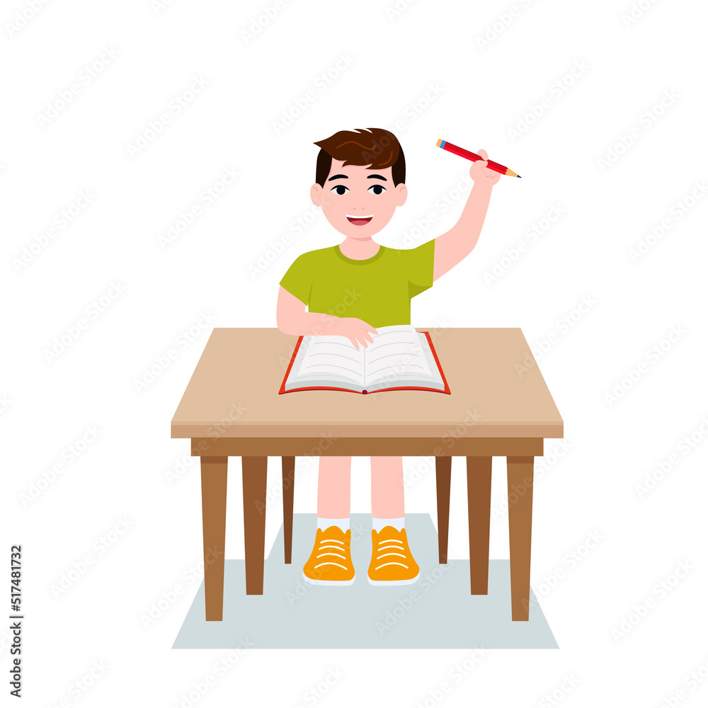 Boys are writing, kids doing homework, maths at home. Cartoon cute little  boy in red shirt Siting on the desk. The concept of learning age. Vector  illustrations isolated on white background. Stock
