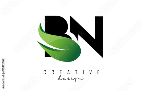 Vector illustration of abstract letters BN b n with fire flames and Green swoosh design.