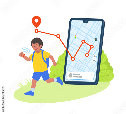 Black children with watch tracker mobile application monitoring gps location map vector illustration
