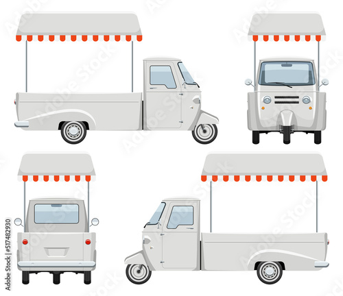 Tricycle food cart vector template with simple colors without gradients and effects. View from side, front, back