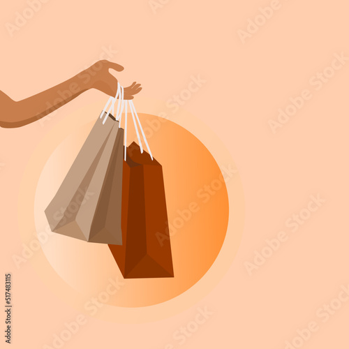 vector illustration, hand holding, carrying shopping bags, brown, orange background, shopping concept, commercial business.