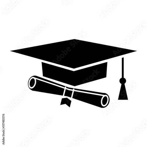 Simple graduation cap silhouette. University Graduation Cap with black certificate roll. Student Education Graduation Design Illustration