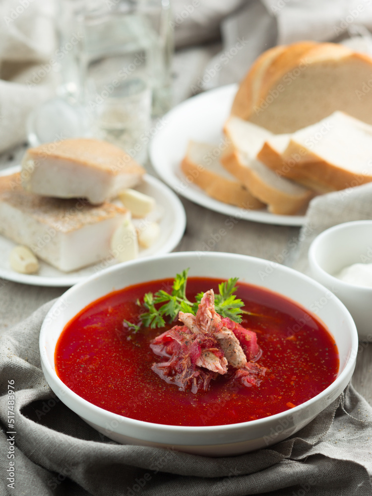 Ukrainian national dish red borscht with bread. food photography Ukrainian national dish red borscht with bread. food photography