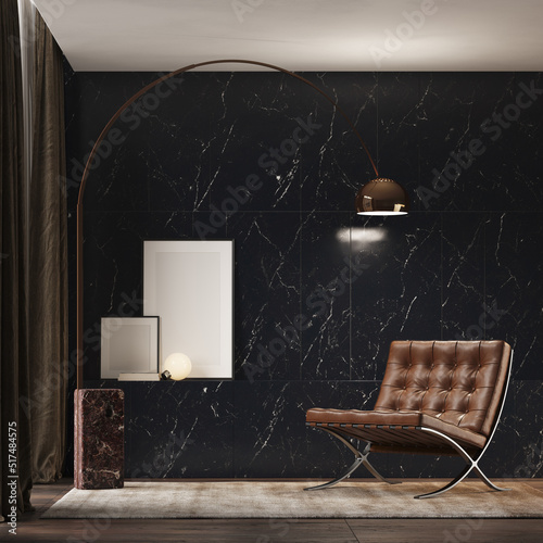 Waiting room with designer armchair. Wall architecture covered with marble tile in black, and with decorative design elements. Illumination by a large lamp