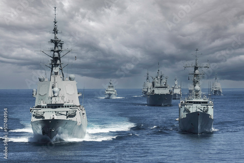 Fotobehang formation of nato military ships in the atlantic ocean