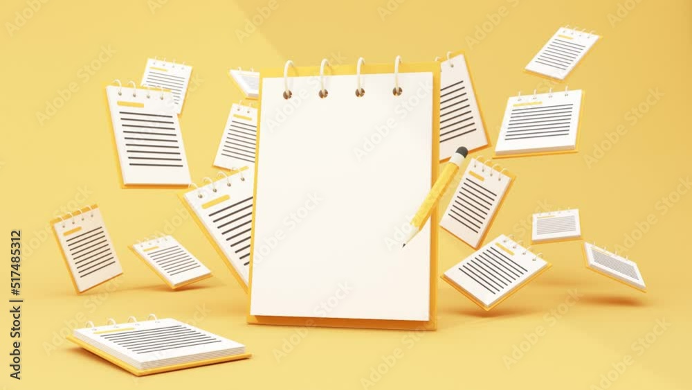 Back to school with school supplies and equipment. background and poster for back to school. A wooden pencil surrounded by floating notepads. blank paper . 3d rendering animation loop