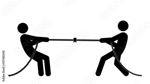 Set of stick figures tug of war, flat vector illustration.
