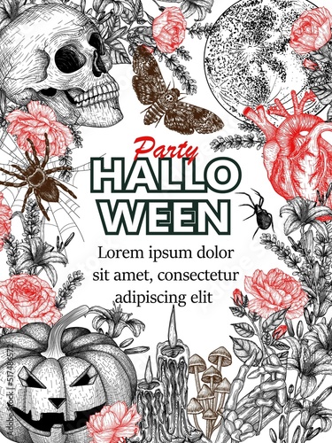 Vector illustration of Halloween frame in engraving style. Graphic skull, carved pumpkin, flowers, skeletal hand, moth, tarantula spider, web, candles, full moon, heart