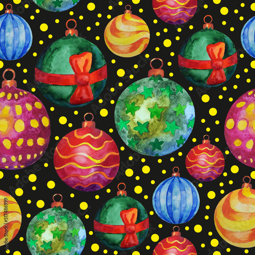Christmas seamless pattern tree toys. Colorful balls on black background. Yellow circle stars.