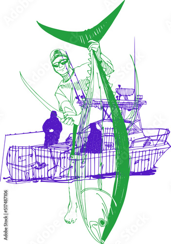 vector sketch of the fisherman on the fishing boat in the sea