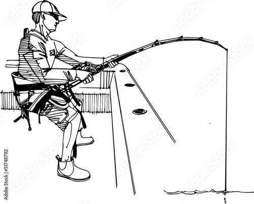 vector sketch of the fisherman on the fishing boat in the sea