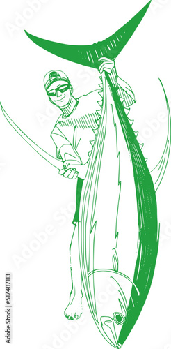 vector sketch of the fisherman on the fishing boat in the sea