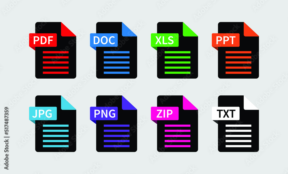 Black file format icons. PDF, JPG, DOC, XLS, PNG, ZIP, PPT icons Black file format icons. PDF, JPG, DOC, XLS, PNG, ZIP, PPT icons