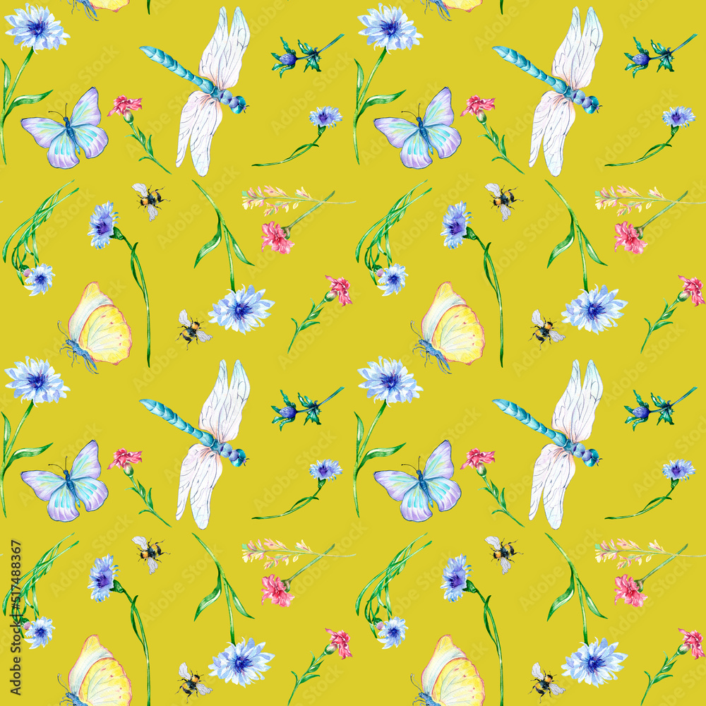 Summer floral field with dragonfly and butterfly watercolor seamless pattern on yellow.