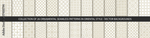 Big set of 26 vector ornamental patterns. Collection of geometric patterns in the oriental style. Patterns added to the swatch panel.