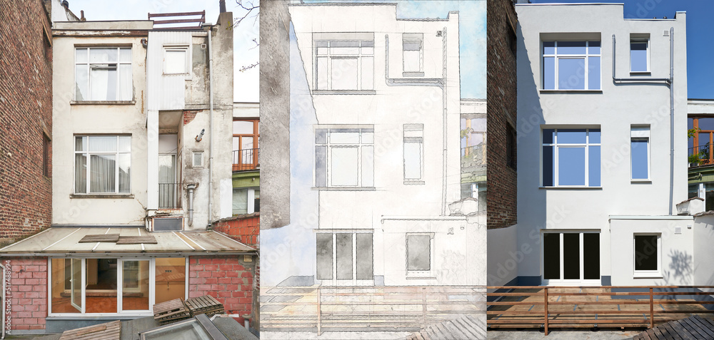 Building Transformation Building facade repair and insulation before and after Stock Photo ...