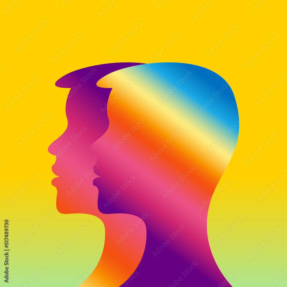 Two human head gender concept poster. Abstract colorful digital human head vector illustration