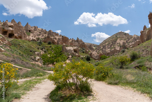 Landscape of the Red Valley of Cappadocia, with the volcanic mountains in the area and the blue sky full of white clouds.