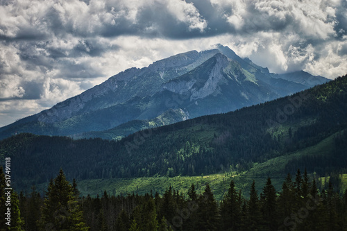 Majestatyczna góra w pięknych chmurach, z cieniami, dolinami i drzewami. © gkjohn