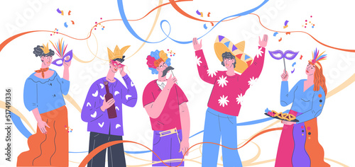 People in carnival costumes and masks. Celebration of traditional holidays and festivals. Carnival event vector illustration isolated on white background.