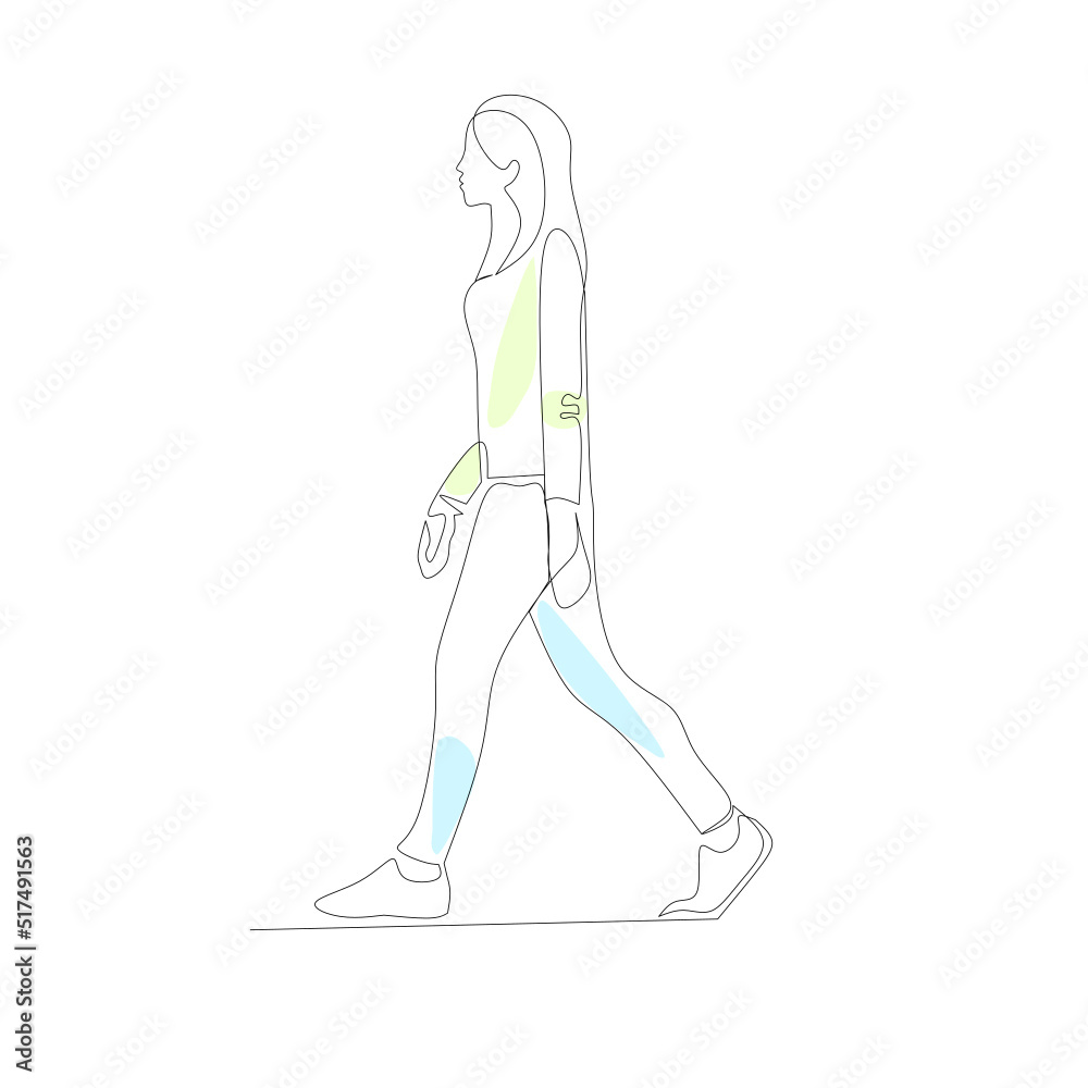 Vector illustration of a walking woman drawn in line-art style