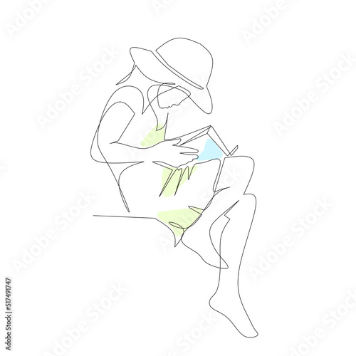 Vector illustration of a girl reading a book drawn in line-art style