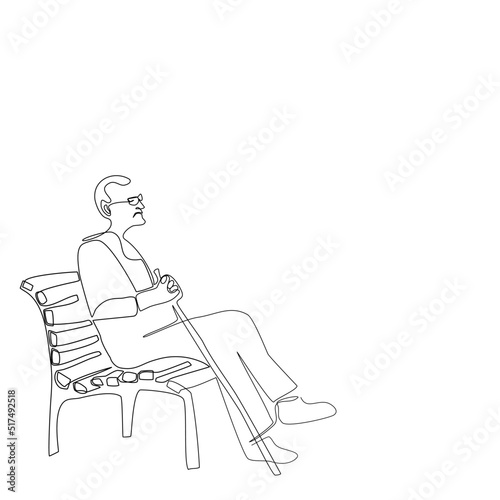 A old man sitting alone on chair in continue line style. Side view of one Senior man holding cane sitting in park in single line.  Minimalist black linear sketch vector isolated on white background.