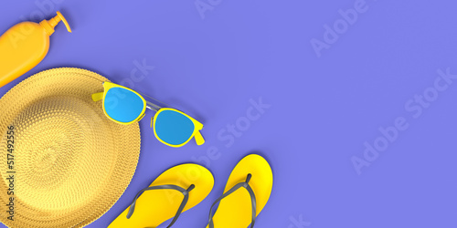 Colorful beach accessories for summer vacation on blue background.