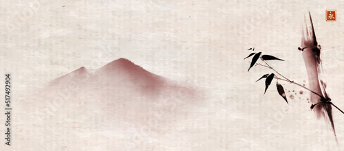 Ink painting with bamboo and far mountains on vintage background. Traditional oriental ink painting sumi-e, u-sin, go-hua. Translation of hieroglyph - eternity
