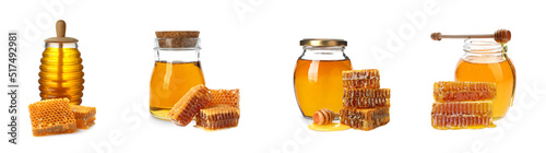 Tasty natural honey on white background, collage. Banner design