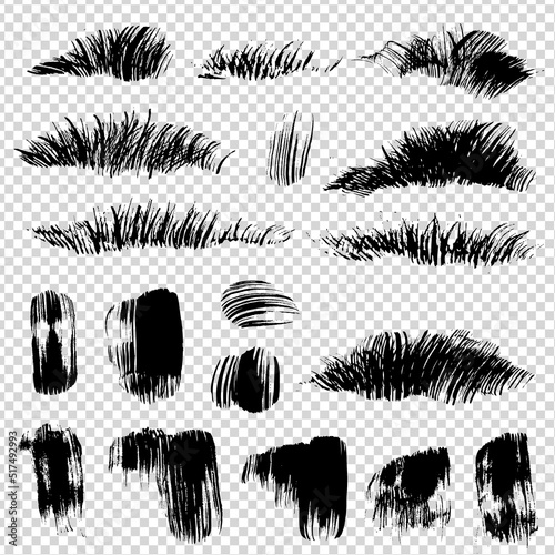 Black abstract different shapes grass or  fur and textured  thick brush textured strokes on imitation transparent background