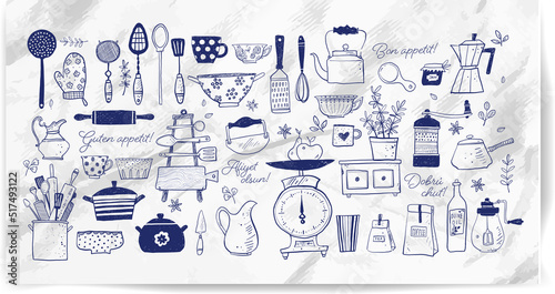 Big set of kitchen doodle sketch utensils hand-drawn with ink on paper. Cups, teapots, pots. bottles. chopping boards ets. Inscription Bon appetit in different languages